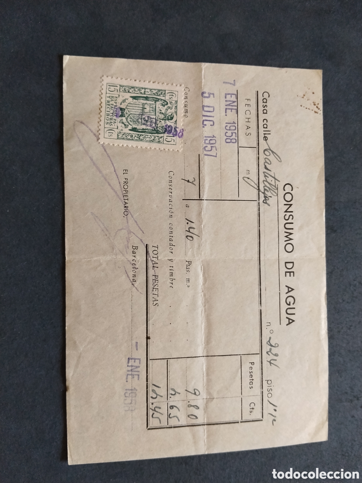 Alte Rechnungen: Factura consumo de agua, calle castillejos 1958