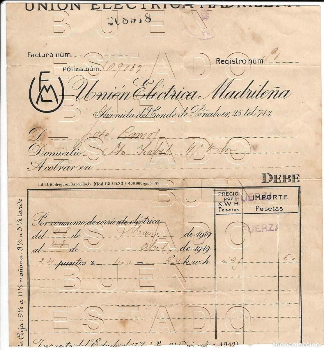 Facturas antiguas: 1919 MADRID UNION ELECTRICA MADRILE&Ntilde;A RECIBO FACTURA M59
