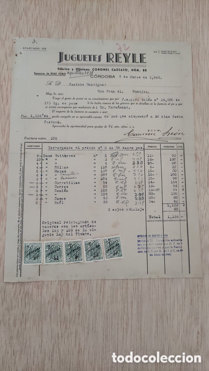 Facturas antiguas: ANTIGUA FACTURA JUGUETES REYLE CORDOBA 1946