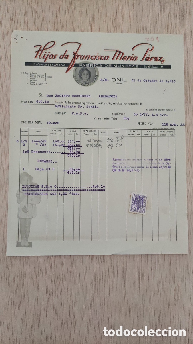 Facturas antiguas: ANTIGUA FACTURA HIJOS FRANCISCO MERIN P&Eacute;REZ FABRICA MU&Ntilde;ECAS ONIL 1946