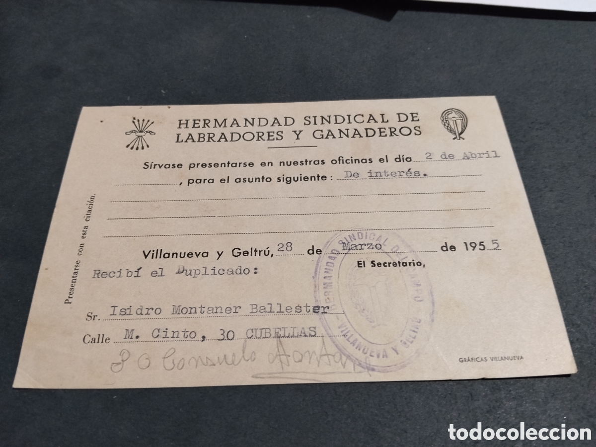 Fatture antiche: Hermandad Sindical de Labradores y Ganaderos, Villanueva y Geltr&uacute; 1955