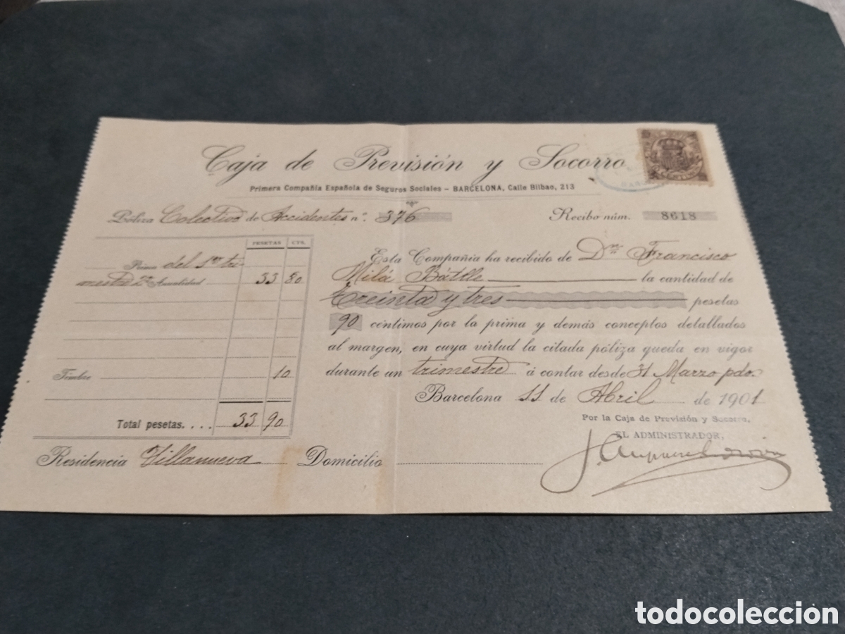 Facturas antiguas: Recibo antiguo Caja de Previsi&oacute;n y Socorro, Barcelona 1901