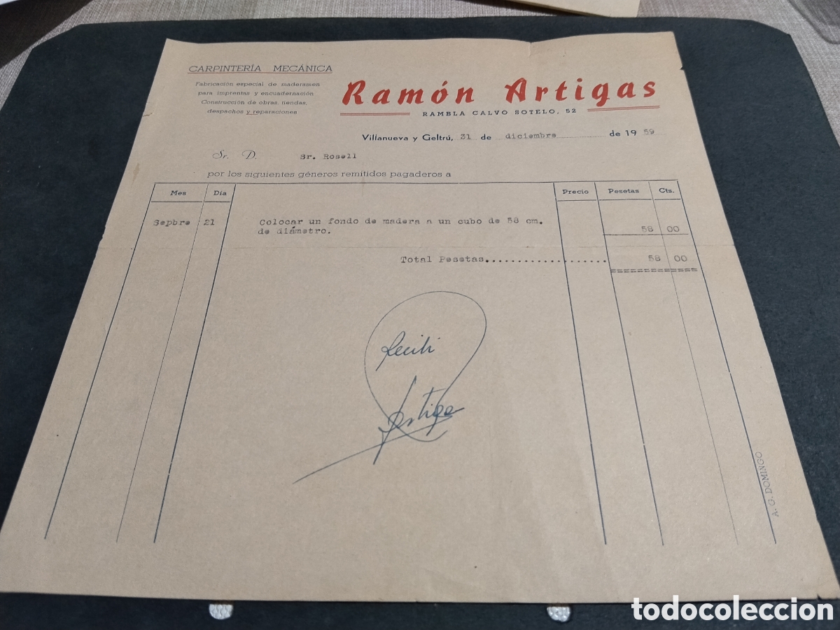 Fatture antiche: Factura carpinter&iacute;a mec&aacute;nica Ramon Artigas, Villanueva y Geltr&uacute; 1959