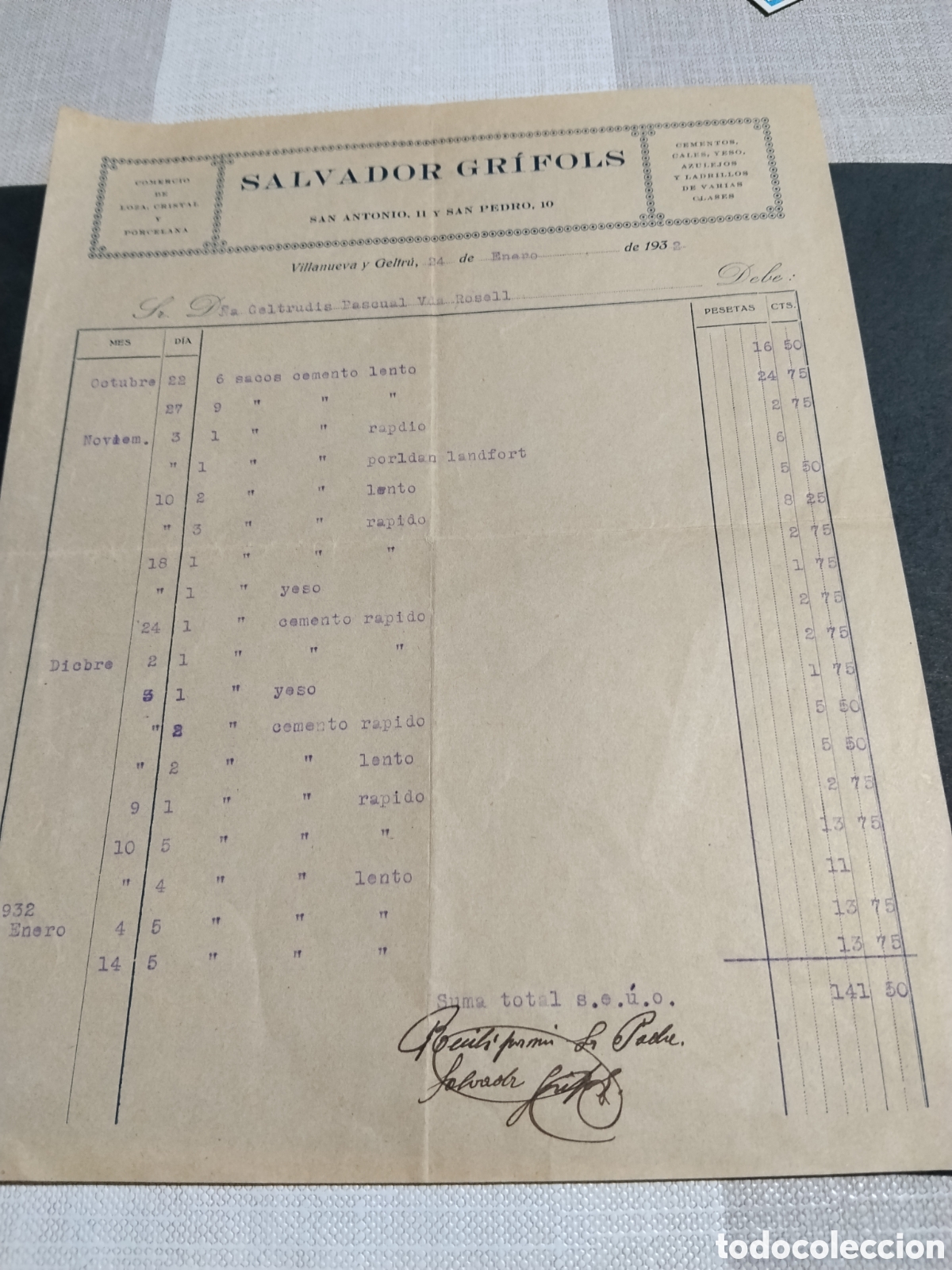 Facturas antiguas: Factura antigua comercio de loza, cristal y porcelana, Salvador Grifols, Villanueva y Geltr&uacute; 1932