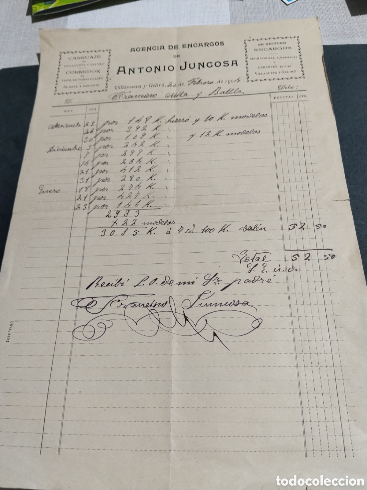 Factures anciennes: Factura antigua agencia de encargos de Antonio Juncosa 1904
