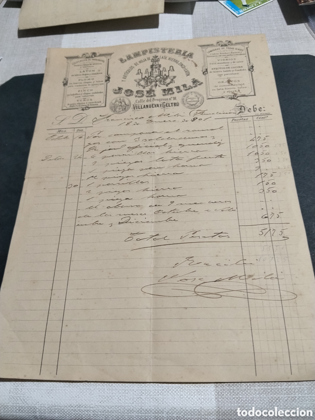 Factures anciennes: Factura antigua Lampister&iacute;a, Jos&eacute; Mila Villanueva y Geltr&uacute; 1901