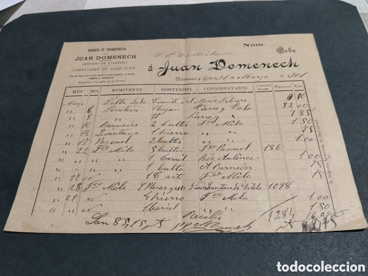 Facturas antiguas: Factura antigua agencia de transportes de Juan Domenech, Villanueva y Geltr&uacute; 1901