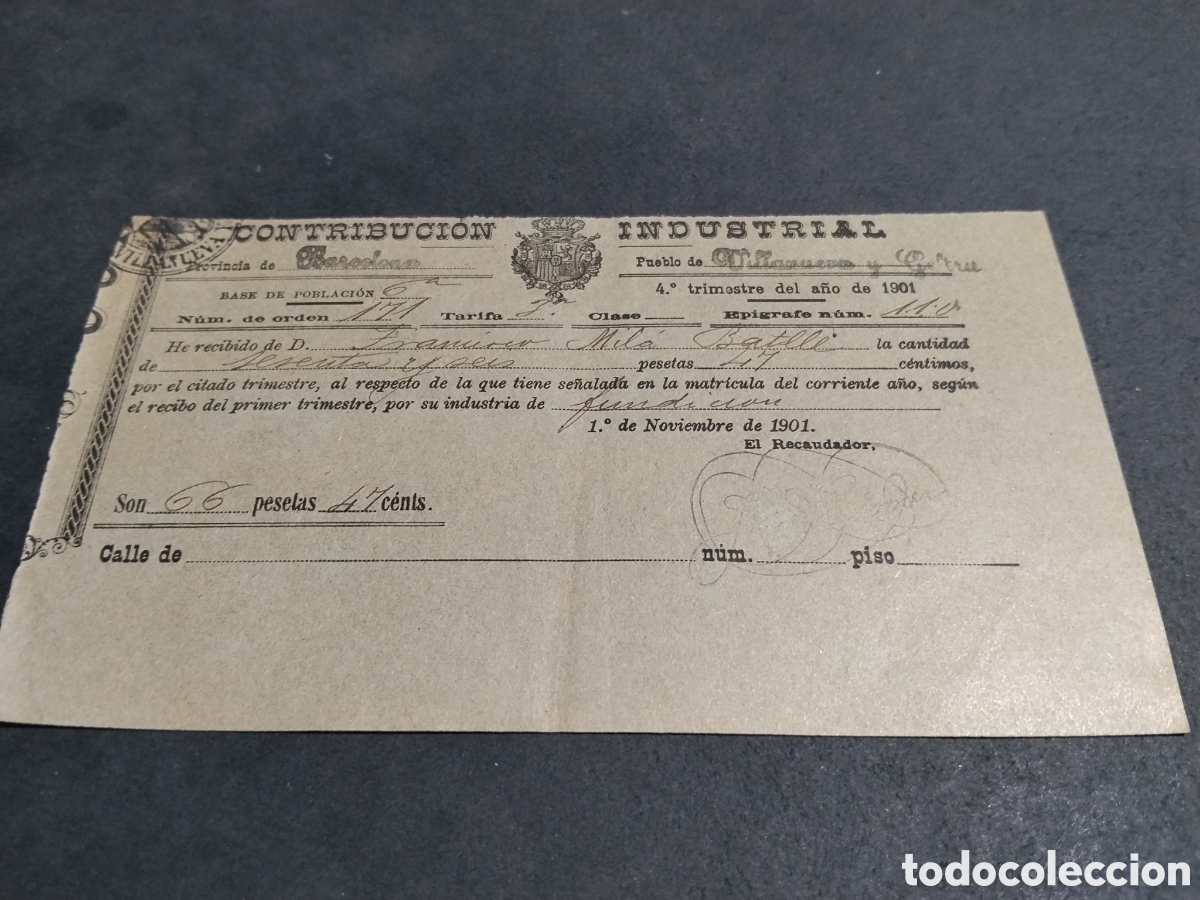 Factures anciennes: Contribuci&oacute;n Industrial Villanueva y Geltr&uacute;, industria fundicion 1901