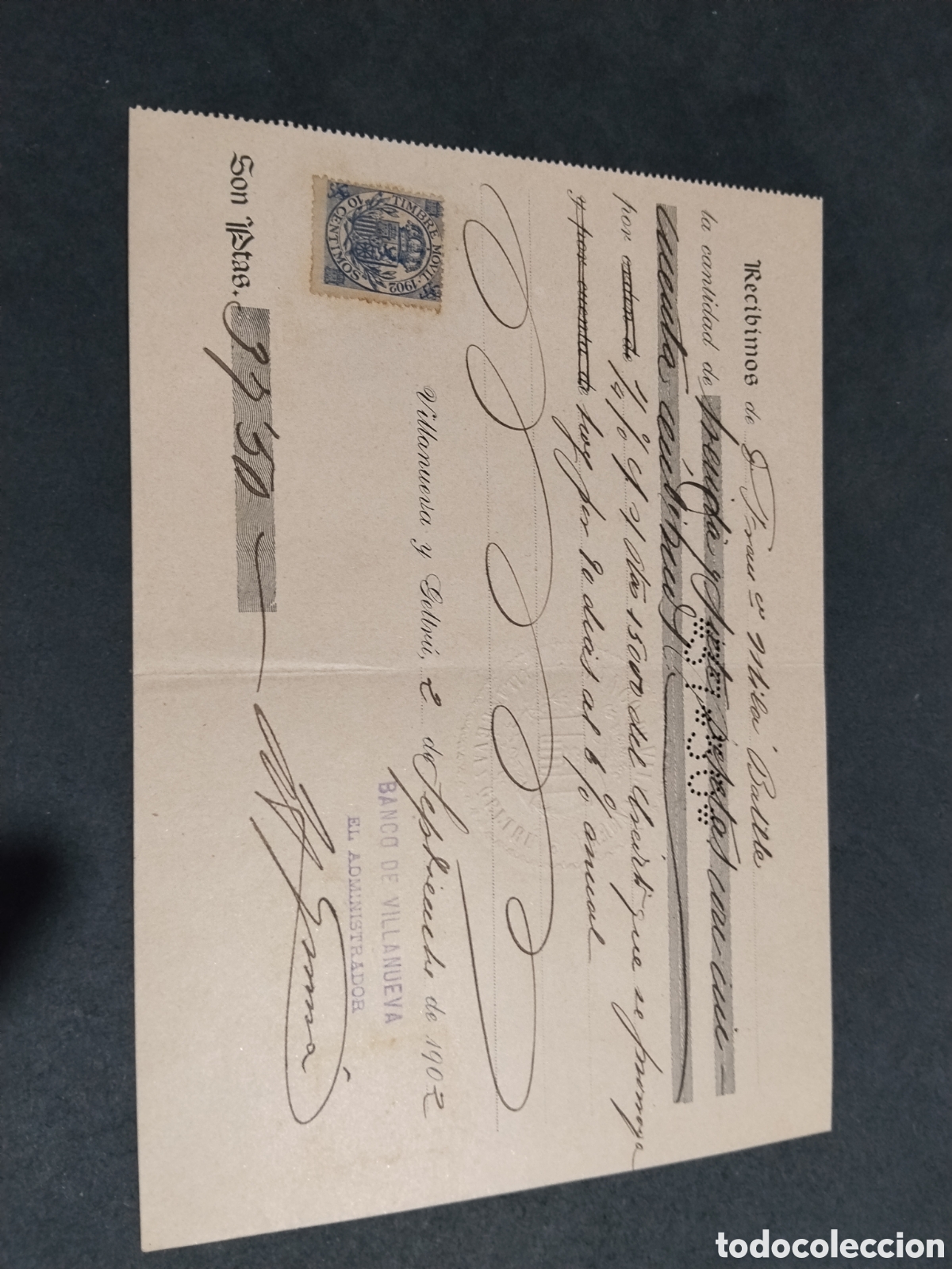 Facturas antiguas: Recibo antiguo el precio troquelado 37,50 pesetas Villanueva y Geltr&uacute; 1902