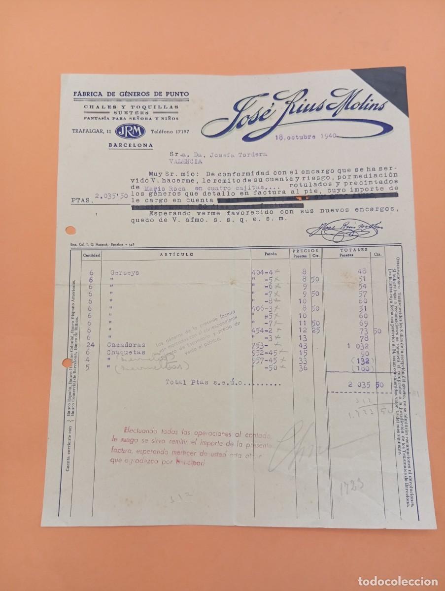 Facturas antiguas: FACTURA. BARCELONA. 1940. F&Aacute;BRICA DE GENEROS DE PUNTO. JOSE RIUS MOLINS.