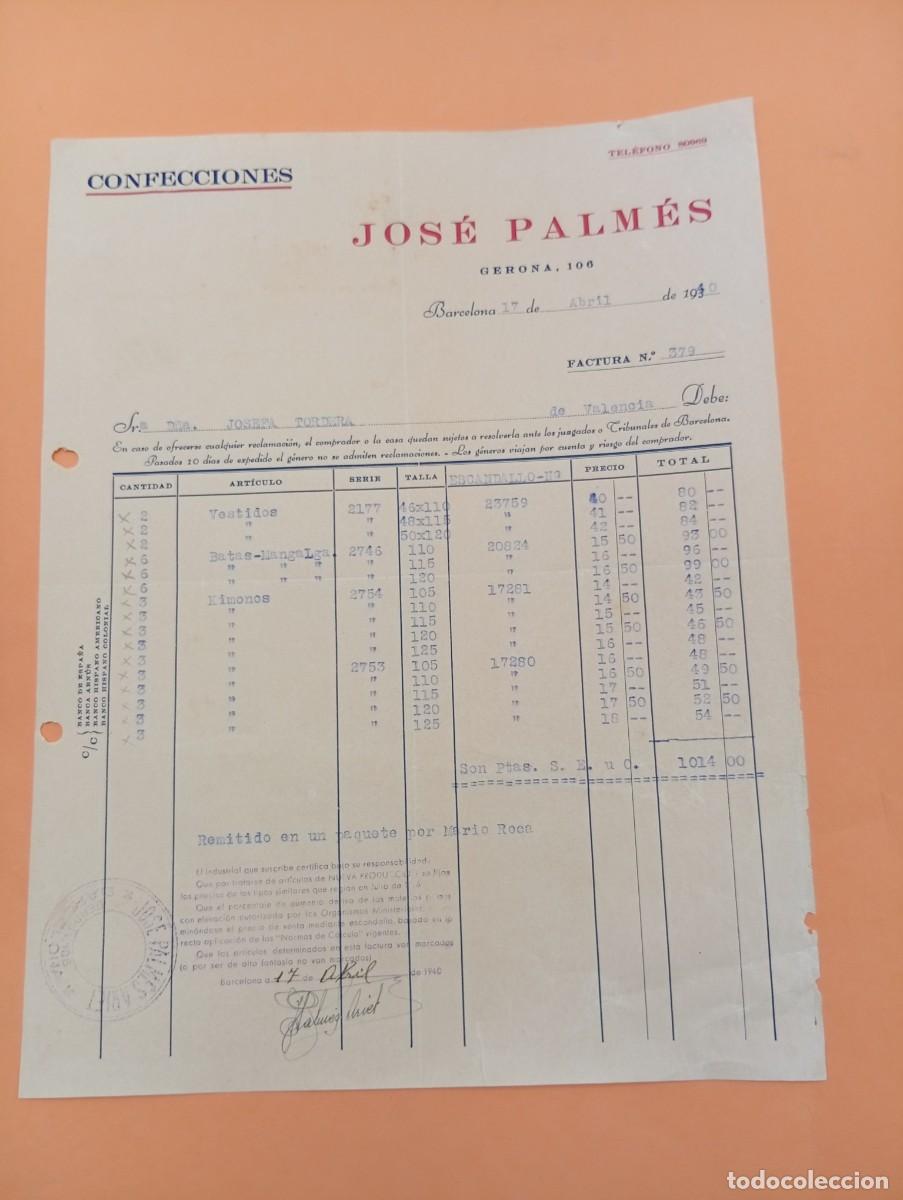 Facturas antiguas: FACTURA. BARCELONA. 1940. CONFECCIONES. JOS&Eacute; PALM&Eacute;S.