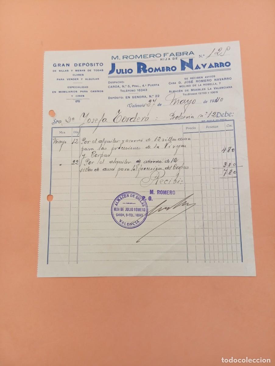 Facturas antiguas: FACTURA. VALENCIA. 1940. GRAN DEPOSITO DE SILLAS Y MESAS. JULIO ROMERO NAVARRO.