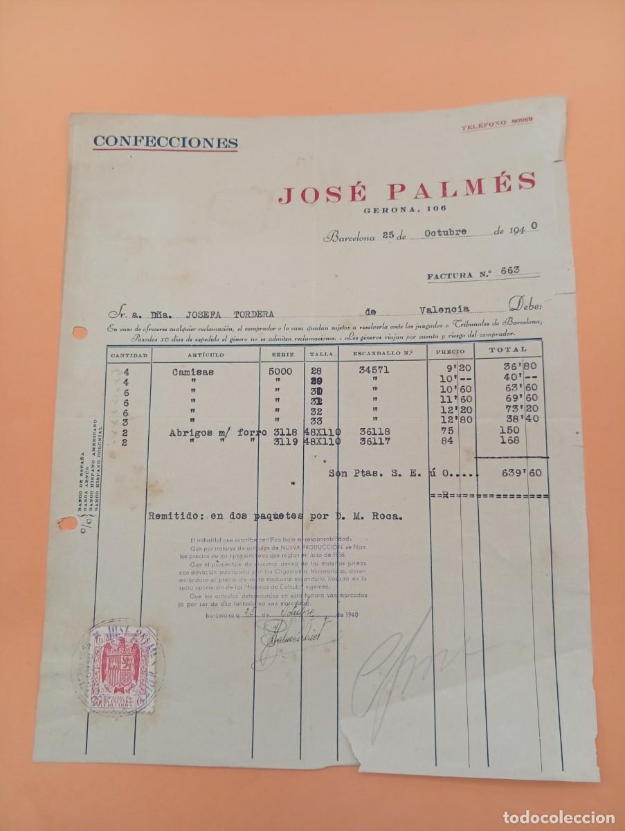 Facturas antiguas: FACTURA. BARCELONA. 1940. CONFECCIONES. JOS&Eacute; PALM&Eacute;S.
