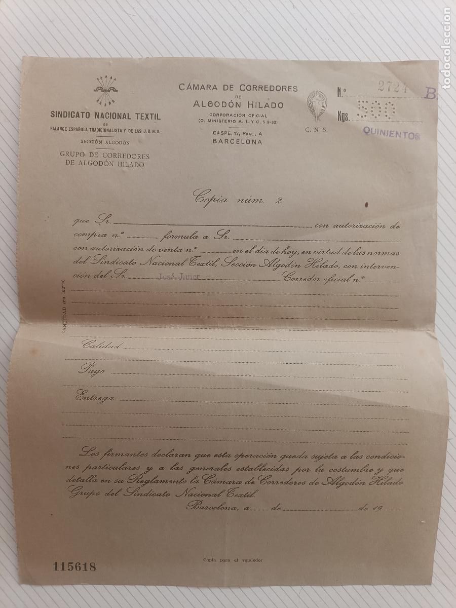 Facturas antiguas: Sindicato Textil nacional. Algod&oacute;n. 1943