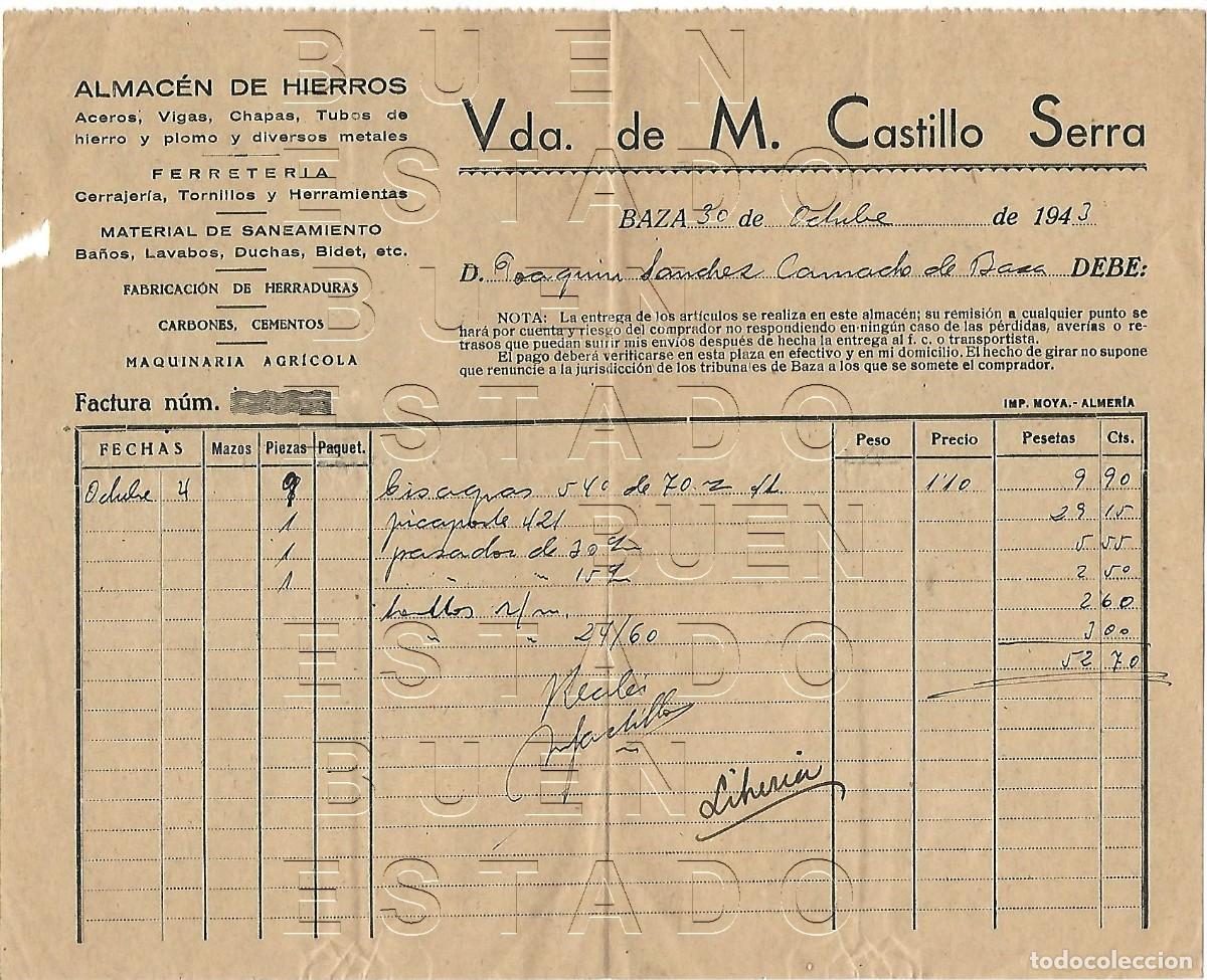 Facturas antiguas: BAZA GRANADA 1943 FACTURA ANTIGUA M CASTILLO SERRA JOAQUIN SANCHEZ CAMACHO B01