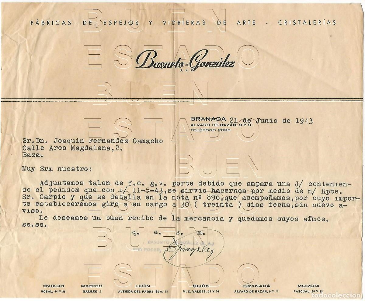 Facturas antiguas: BAZA GRANADA 1943 FACTURA ANTIGUA BASURTO GONZALEZ JOAQUIN SANCHEZ CAMACHO B01