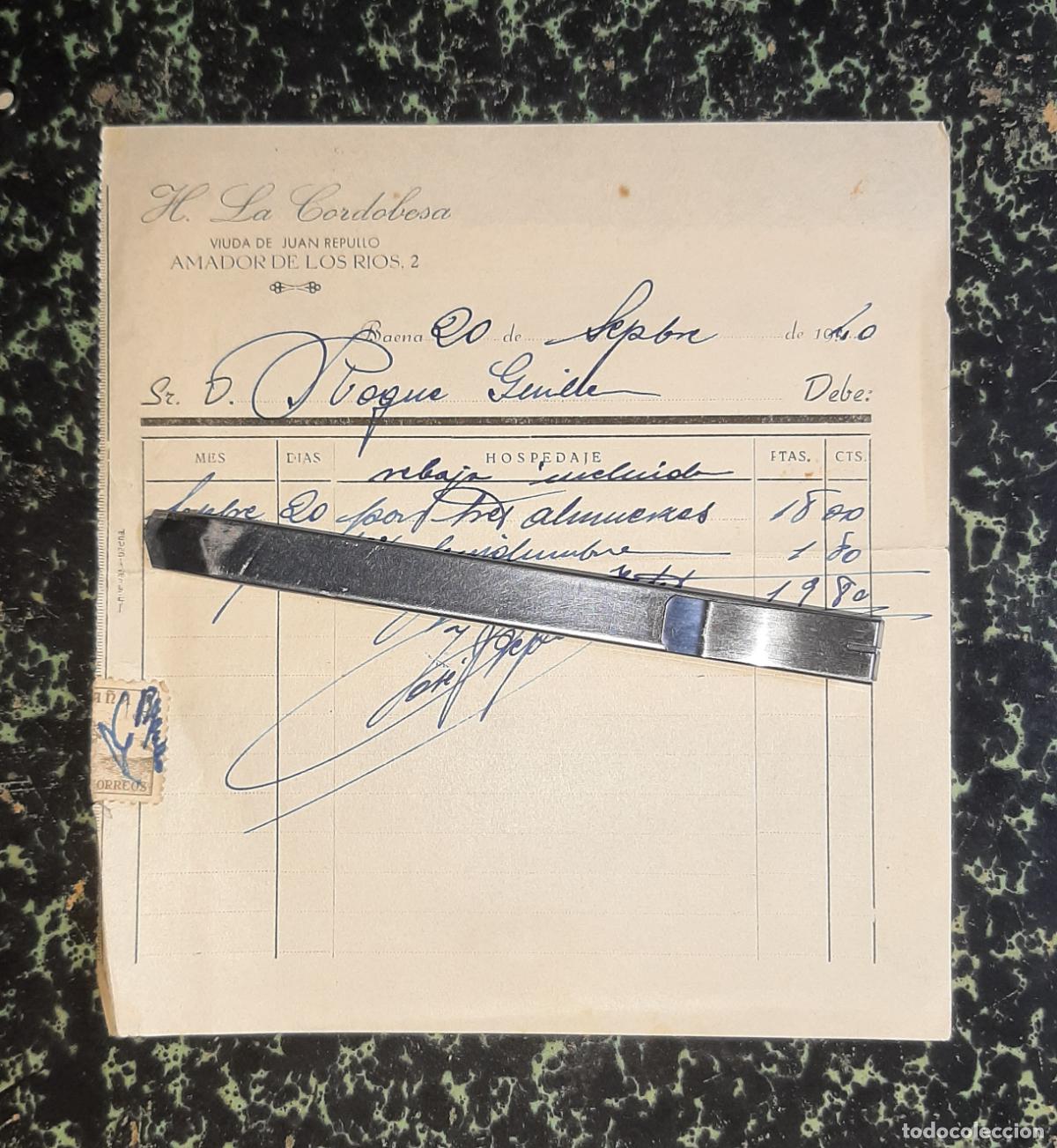 Facturas antiguas: ANTIGUA FACTURA DEL HOTEL LA CORDOBESA 1940 C&Oacute;RDOBA