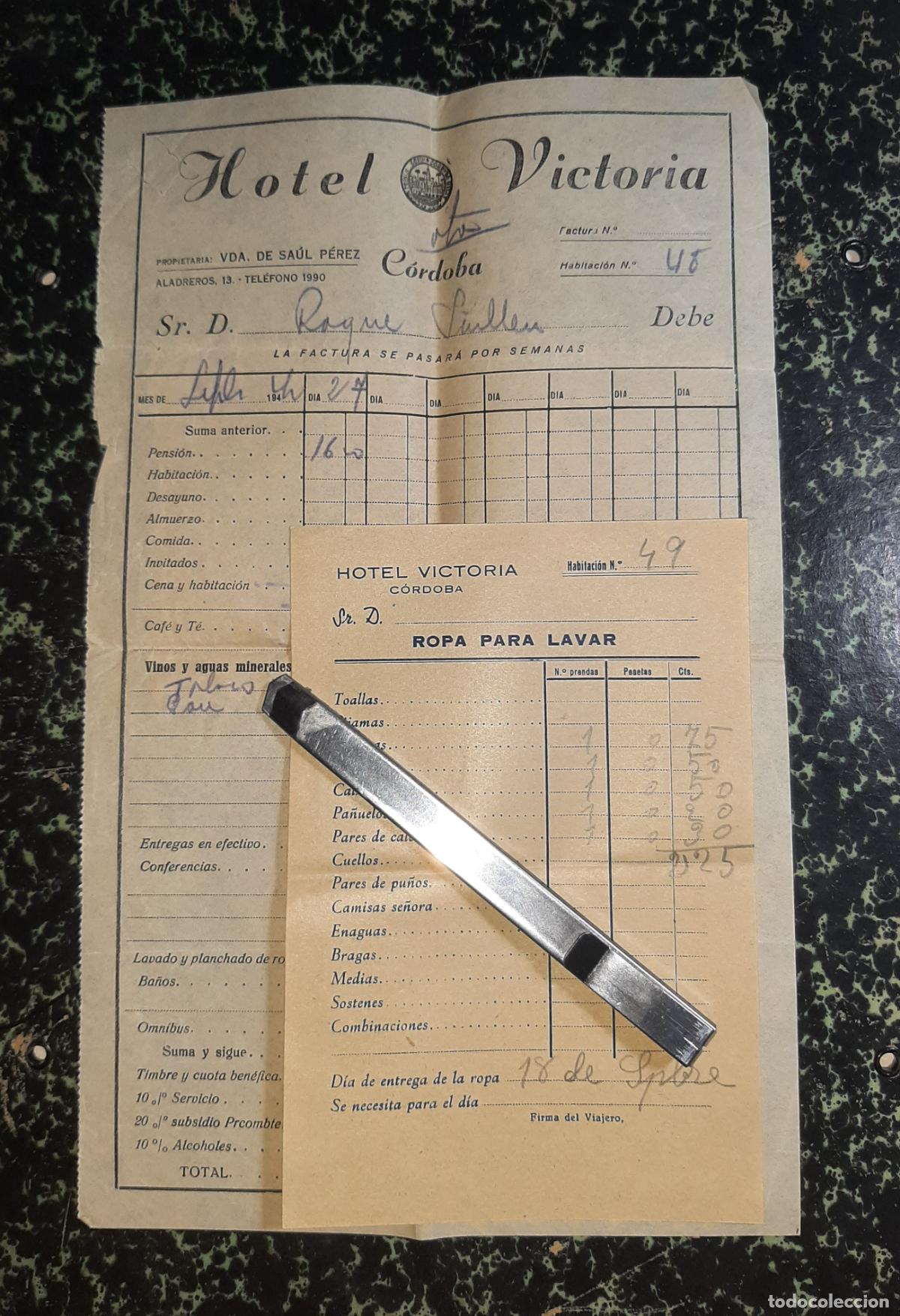 Facturas antiguas: ANTIGUAS FACTURAS HOTEL VICTORIA 1940 C&Oacute;RDOBA