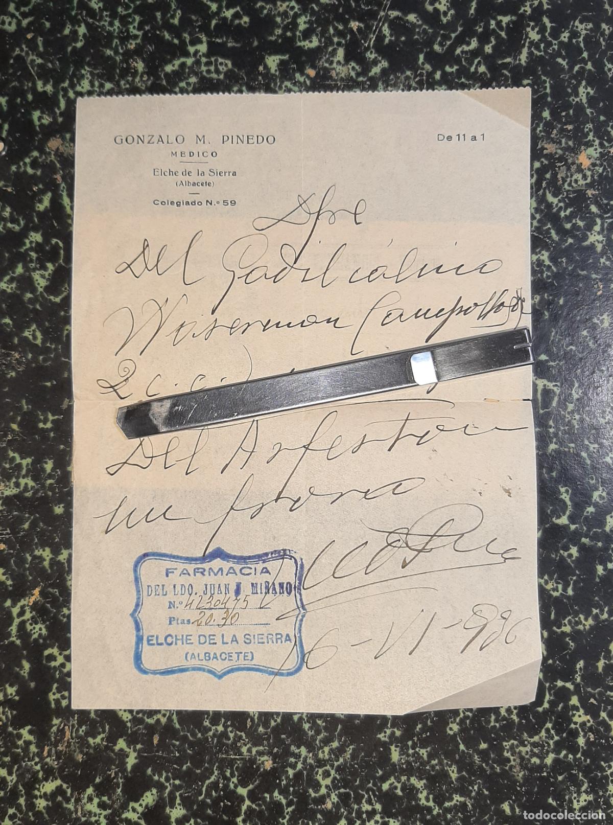 Facturas antiguas: ANTIGUA RECETA FARMACIA 1936 ELCHE DE LA SIERRA ALBACETE