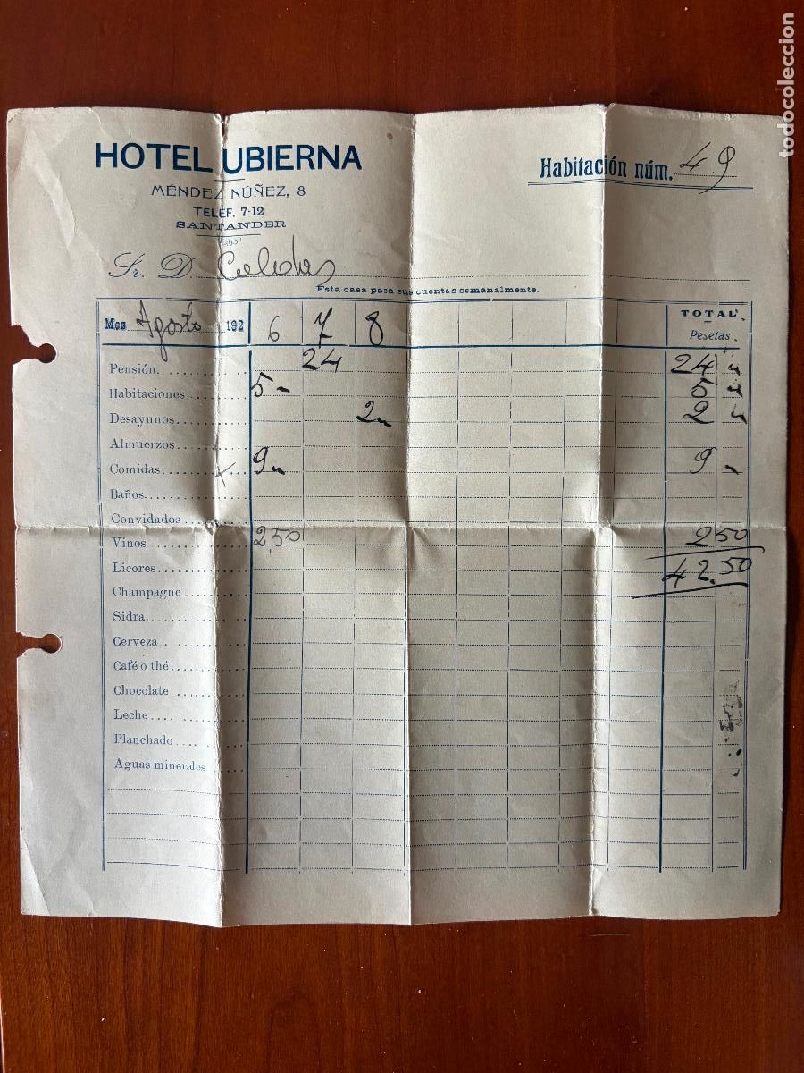Facturas antiguas: FACTURA DEL HOTEL UBIERNA - MENDEZ NU&Ntilde;EZ, 8, SANTANDER D&Eacute;CADA DE 1920 22x21