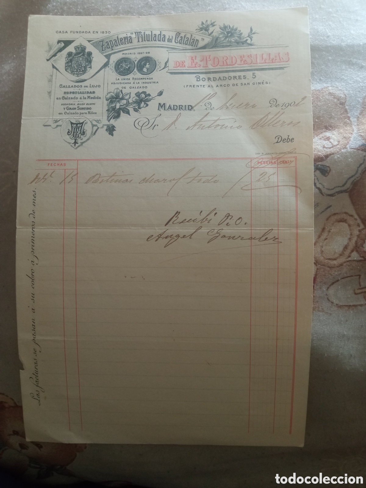 Facturas antiguas: Antigua factura de 1902 Zapater&iacute;a Titulada del Catal&aacute;n de E Tordesillas, Bordadores 5, Madrid