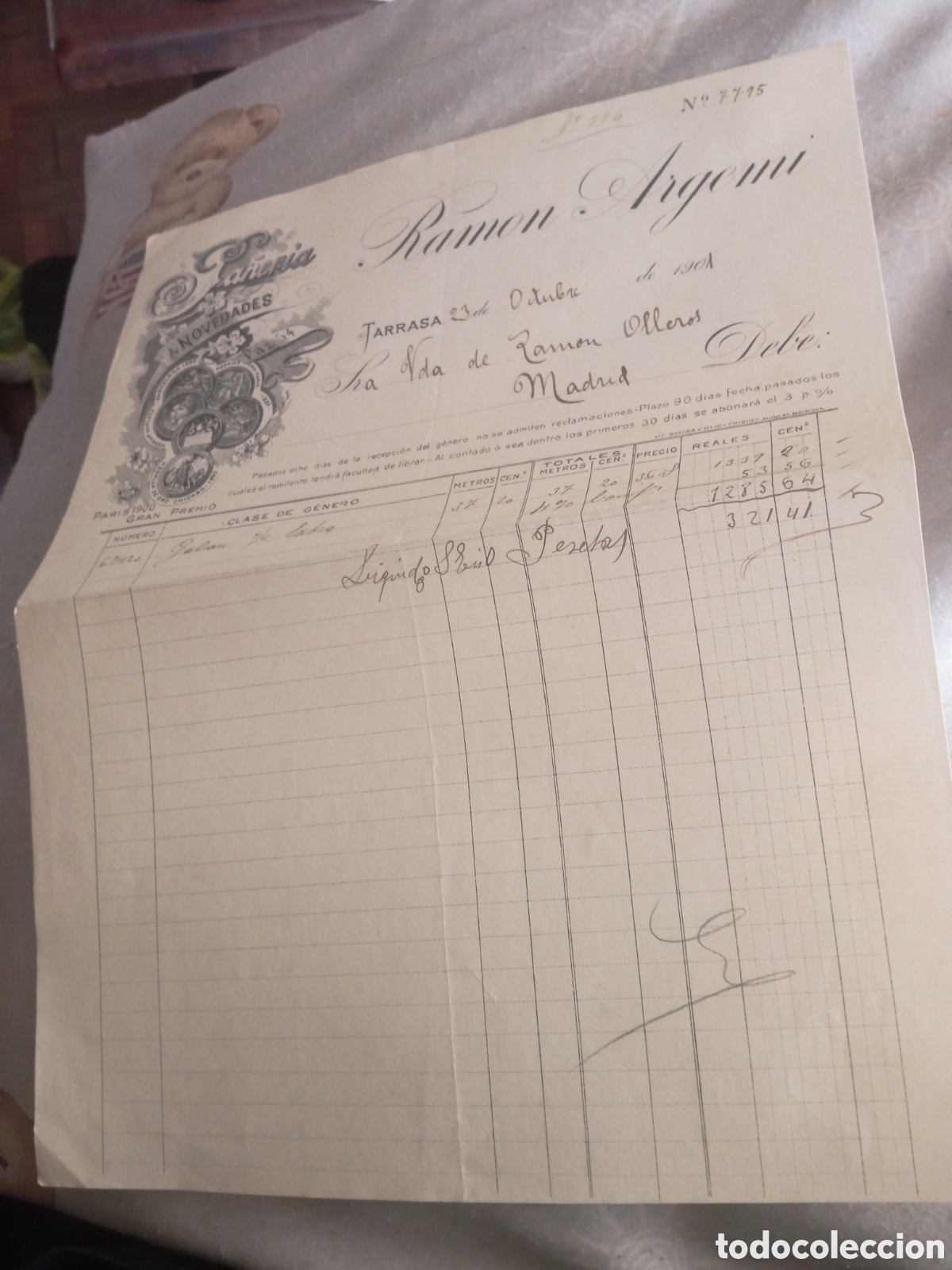 Facturas antiguas: Antigua factura de 1901,Pa&ntilde;eria Ram&oacute;n Argemi, Tarrasa