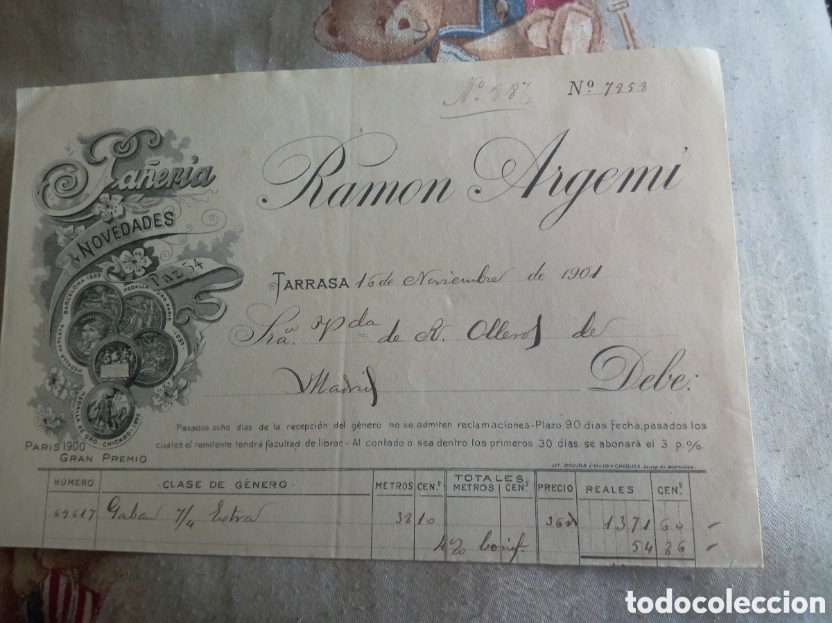 Facturas antiguas: Antigua factura de 1901 Pa&ntilde;eria Ram&oacute;n Argemi, Tarrasa