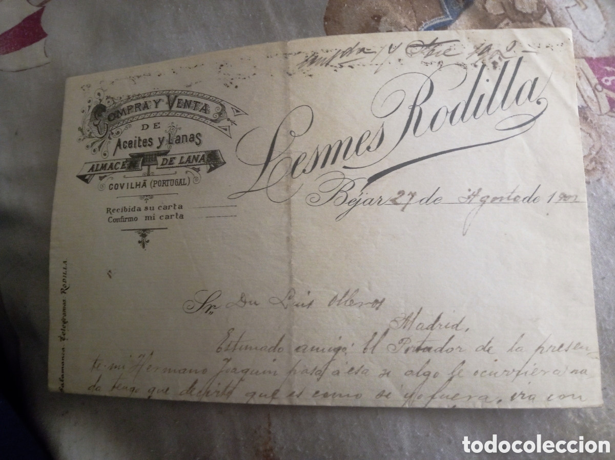 Facturas antiguas: Antigua factura de 1902, Compra y venta de Aceites y Lanas, Lesmes Rodilla, Bejar