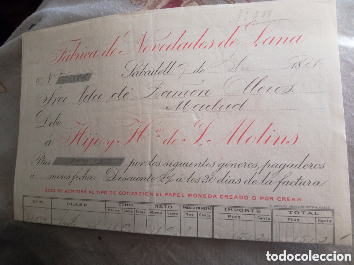 Facturas antiguas: Antigua factura de 1897,Fabrica de Novedades de Lanas, Sabadell