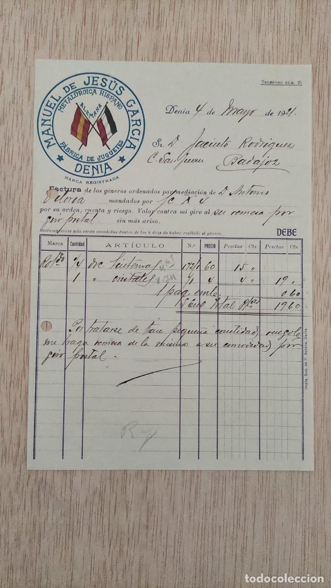 Facturas antiguas: ANTIGUA FACTURA METALURGICA HISPANO ALEMANA FABRICA DE JUGUETES MANUEL DE JESUS GARCIA DENIA 1921
