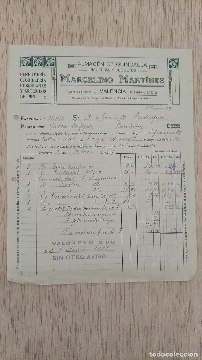 Facturas antiguas: ANTIGUA FACTURA ALMACEN DE QUINCALLA BISUTERIA Y JUGUETES MARCELINO MARTINEZ VALENCIA