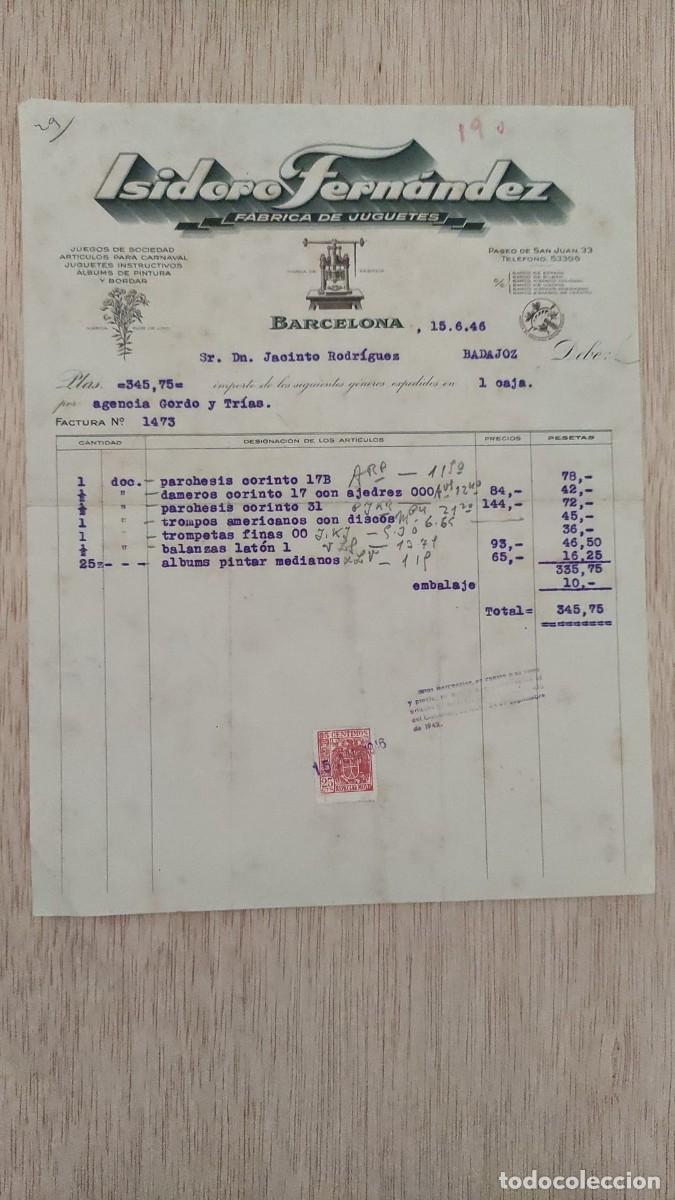 Facturas antiguas: ANTIGUA FACTURA FABRICA DE JUGUETES ISIDORO FERNANDEZ BARCELONA 1946