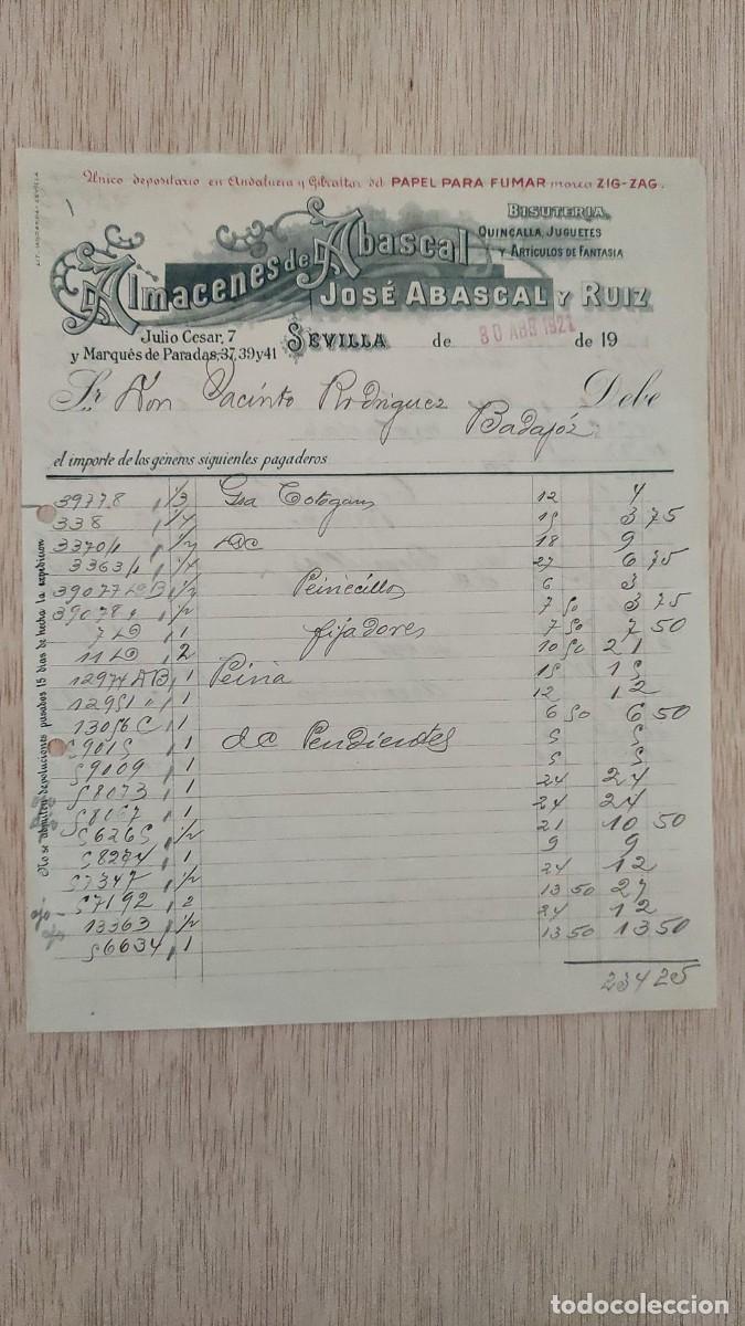 Facturas antiguas: ANTIGUA FACTURA ALMACENES DE ABASCAL JOSE ABASCAL Y RUIZ SEVILLA 1921
