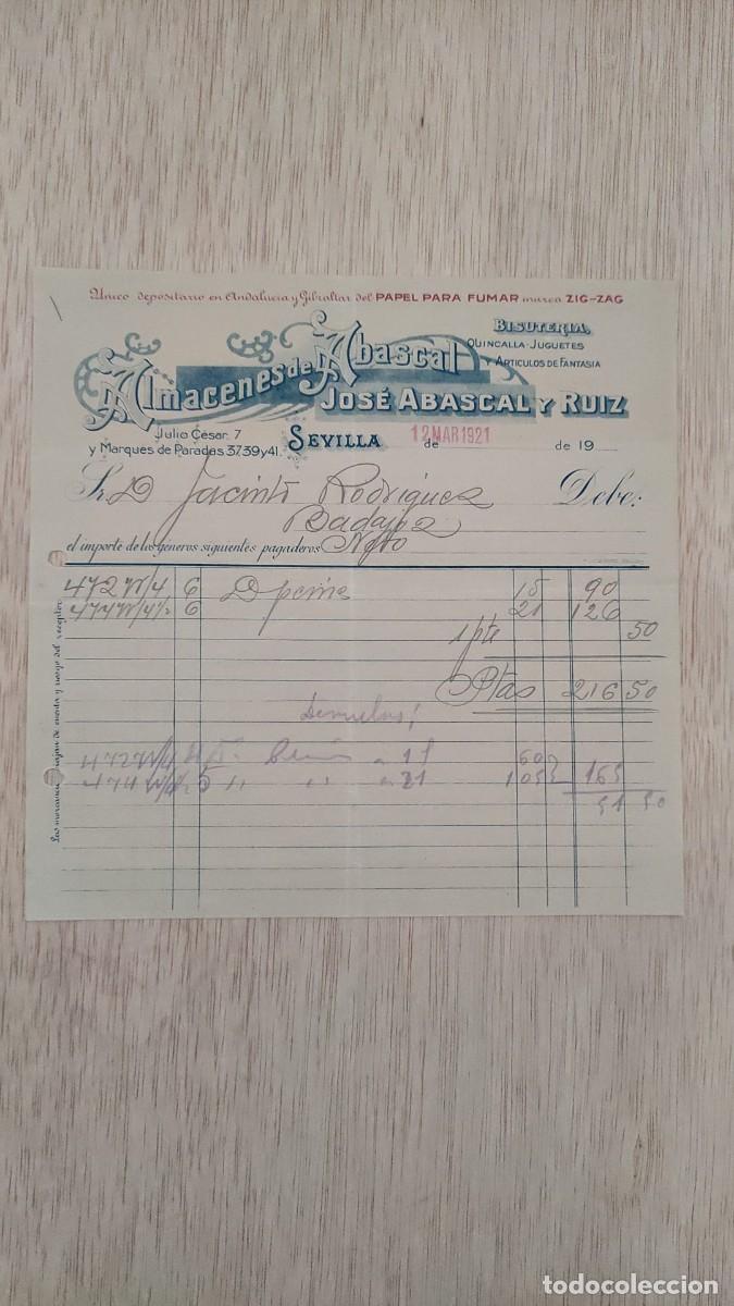 Facturas antiguas: ANTIGUA FACTURA ALMACENES DE ABASCAL JOSE ABASCAL Y RUIZ SEVILLA 1921
