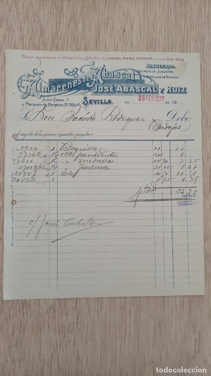 Facturas antiguas: ANTIGUA FACTURA ALMACENES DE ABASCAL JOSE ABASCAL Y RUIZ SEVILLA 1921