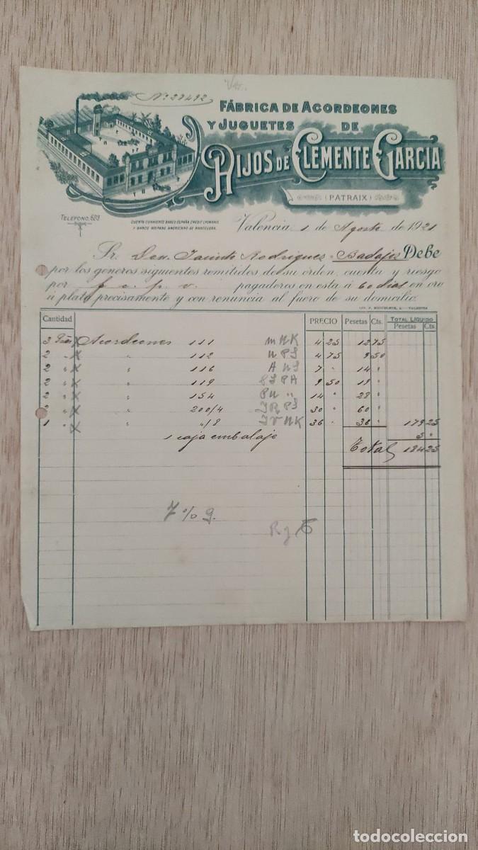Facturas antiguas: ANTIGUA FACTURA DE ACORDONES Y JUGUETES DE HIJOS DE CLEMENTE GARCIA VALENCIA 1921