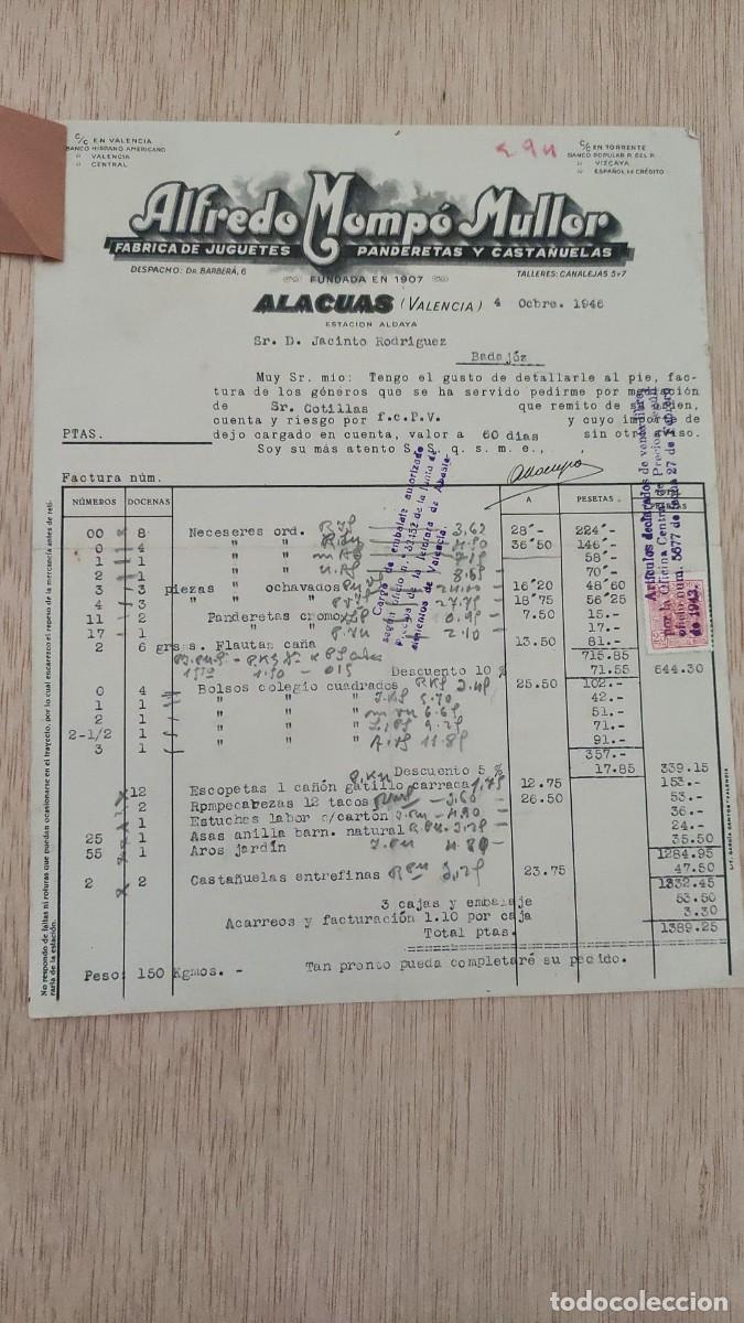 Facturas antiguas: ANTIAGUA FACTURA FABRICA DE JUGUETES PANDERETAS Y CASTA&Ntilde;UELAS ALFREDO MOMPO MULLOR ALACUAS VALENCIA
