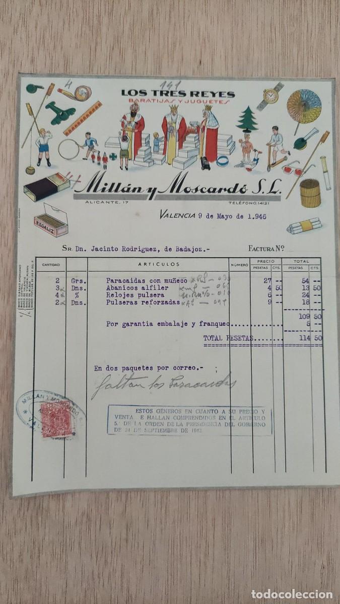 Facturas antiguas: ANTIGUA FACTURA LOS TRES REYES BARATIJAS Y JUGUETES MILLAN Y MOSCARDO SL VALENCIA 1946