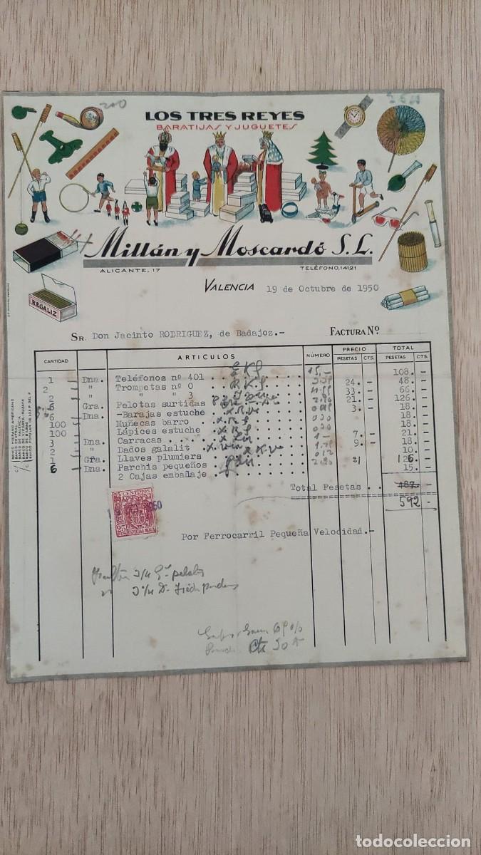Facturas antiguas: ANTIGUA FACTURA LOS TRES REYES BARATIJAS Y JUGUETES MILLAN Y MOSCARDO SL VALENCIA 1950