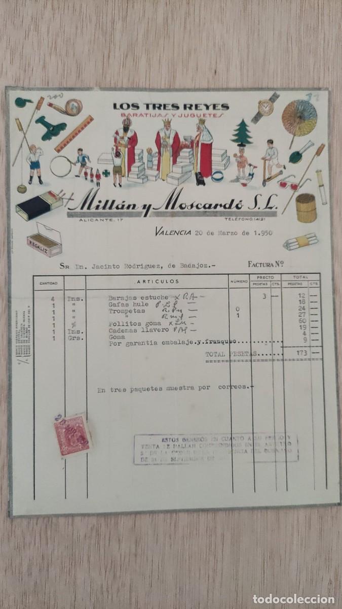 Facturas antiguas: ANTIGUA FACTURA LOS TRES REYES BARATIJAS Y JUGUETES MILLAN Y MOSCARDO SL VALENCIA 1950
