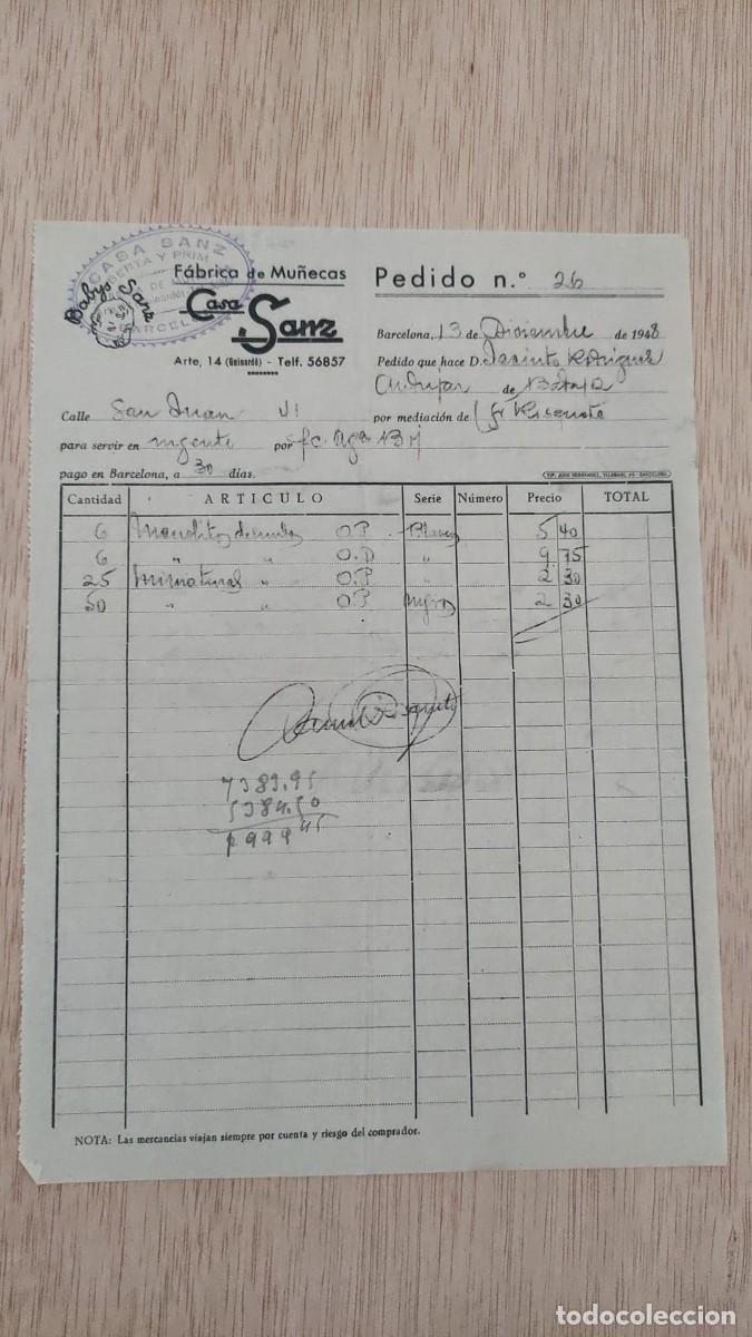 Facturas antiguas: ANTIGUA FACTURA FABRICA DE MU&Ntilde;ECAS CASA SANZ BARCELONA 1948