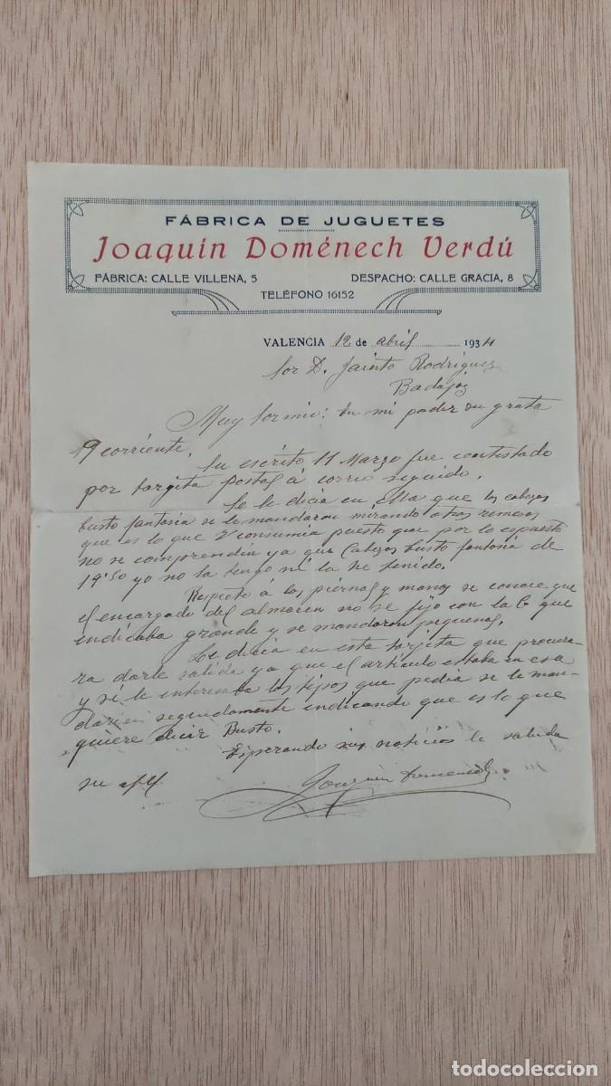 Facturas antiguas: ANTIGUA CARTA COMERCIAL FABRICA DE JUGUETES JOAQUIN DOMENECH VERDU VALENCIA 1934