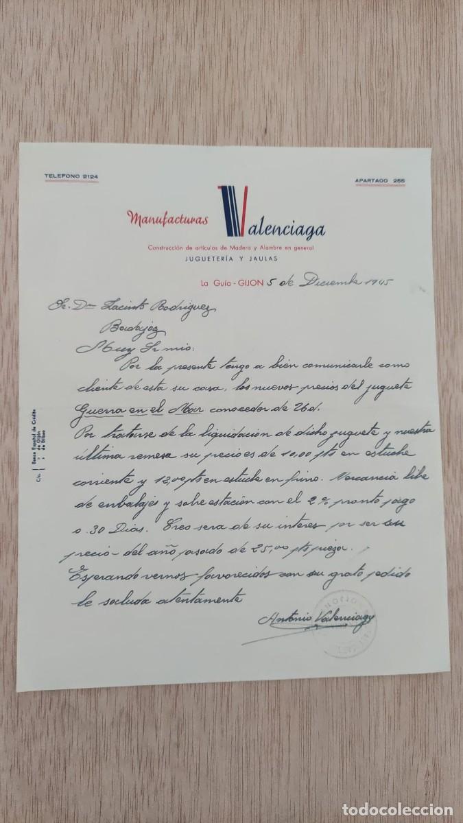 Facturas antiguas: ANTIGUA CARTA COMERCIAL MANUFACTURAS VALENCIAGA JUGUETERIA Y JAULAS GIJON 1945