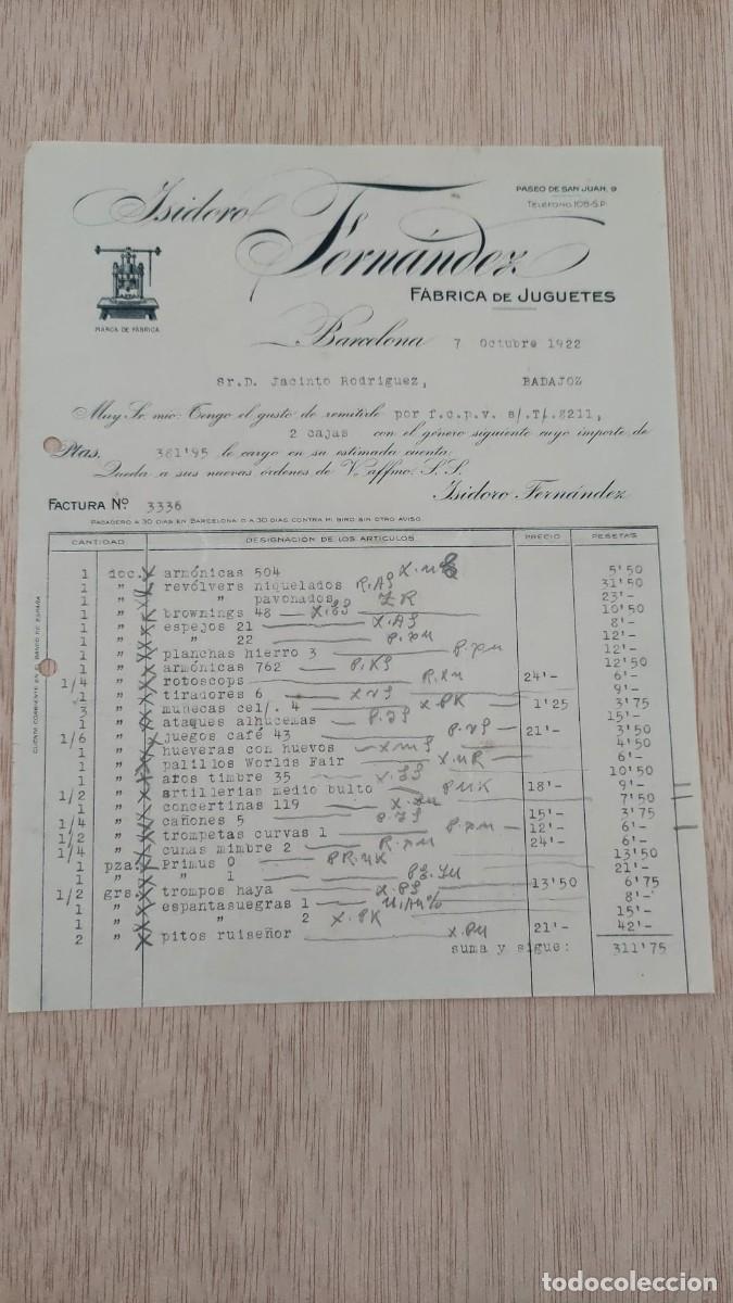 Facturas antiguas: ANTIGUA FACTURA ISIDORO FERNANDEZ FABRICA DE JUGUETES BARCELONA 1922