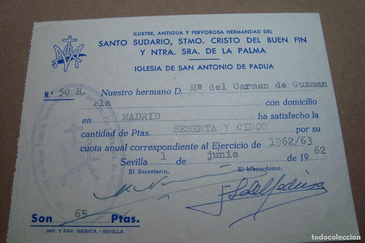 Facturas antiguas: ANTIGUO RECIBO HERMANDAD CRISTO BUEN FIN VIRGEN DE LA PALMA. SEVILLA 1962
