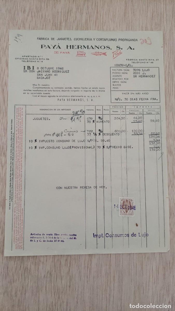 Alte Rechnungen: ANTIGUA FACTURA FABRICA DE JUGUETES PAYA HERMANOS SA IBI 1946