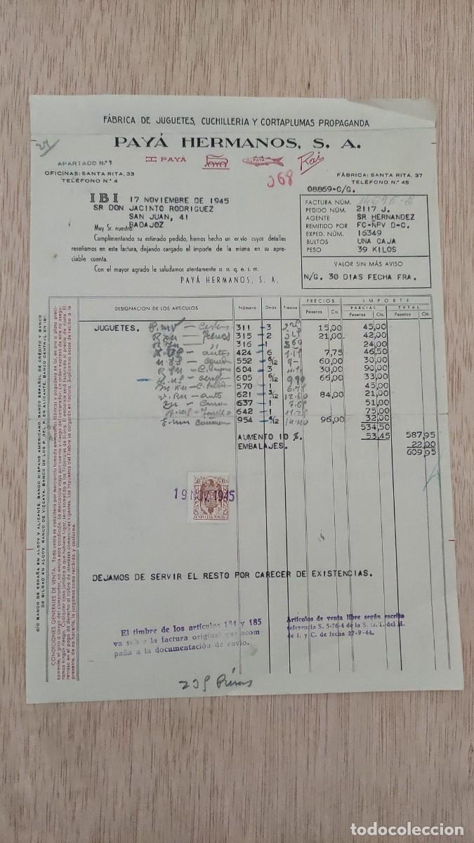 Facturas antiguas: ANTIGUA FACTURA FABRICA DE JUGUETES PAYA HERMANOS SA IBI 1945