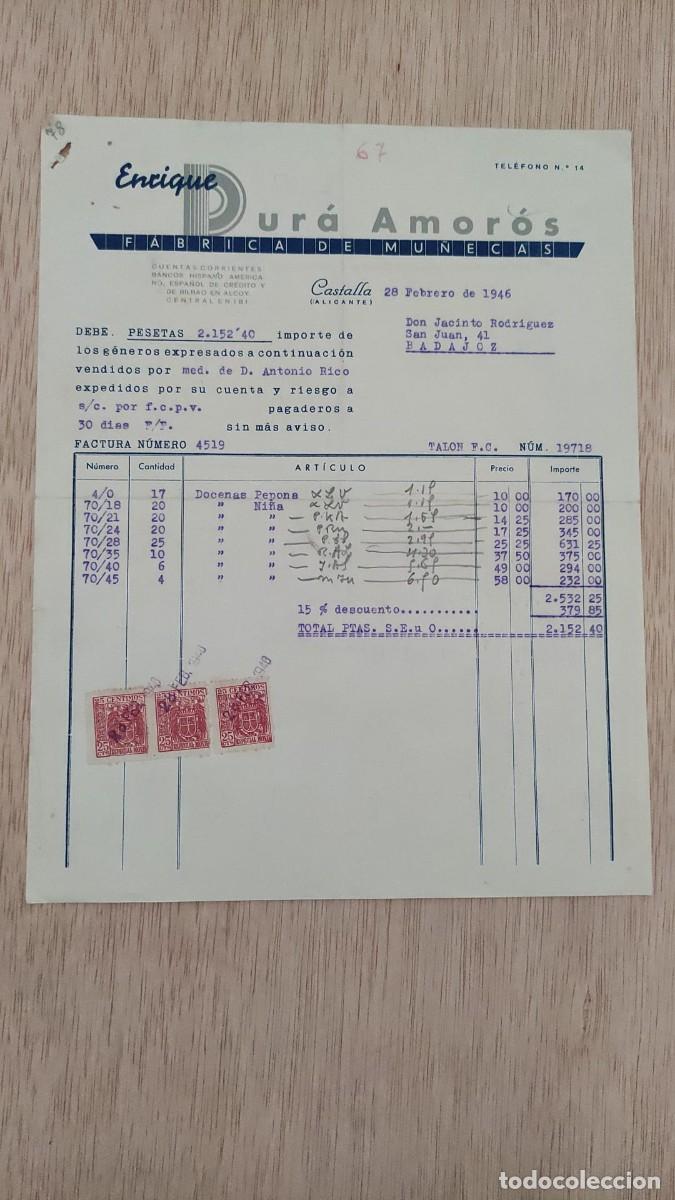 Facturas antiguas: ANTIGUA FACTURA FABRICA DE MU&Ntilde;ECAS ENRIQUE DURA AMOROS CASTALLA ALICANTE 1946