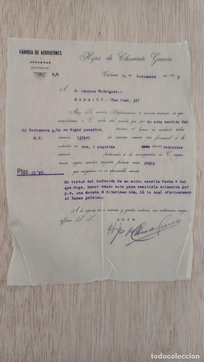 Facturas antiguas: ANTIGUA CARTA COMERCIAL FABRICA DE ACORDEONES Y JUGUETES HIJOS DE CLEMENTE GARCIA VALENCIA 1915