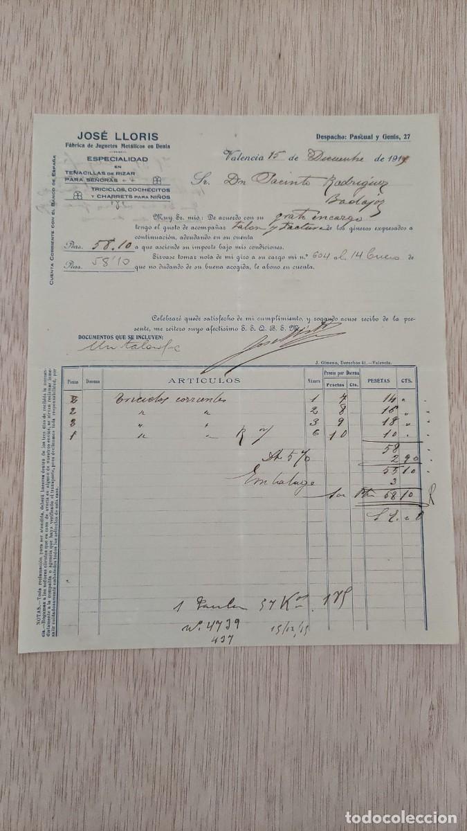 Facturas antiguas: ANTIGUA FACTURA FABRICA DE JUGUETES JOSE LLORIS VALENCIA 1915